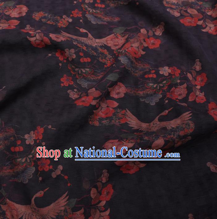 Chinese Classical Printing Crane Peony Pattern Design Black Gambiered Guangdong Gauze Fabric Asian Traditional Cheongsam Silk Material