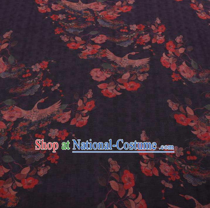 Chinese Classical Printing Crane Peony Pattern Design Black Gambiered Guangdong Gauze Fabric Asian Traditional Cheongsam Silk Material