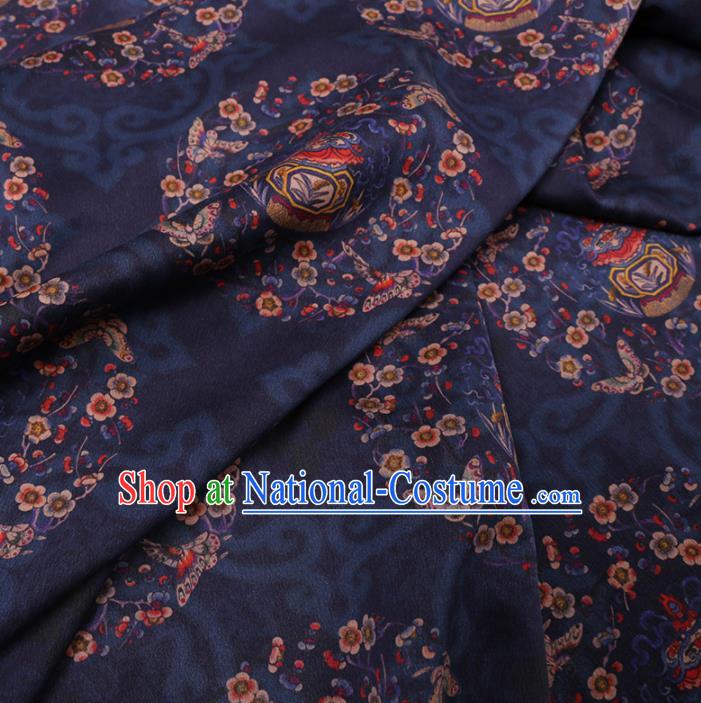 Chinese Classical Printing Plum Butterfly Pattern Design Navy Gambiered Guangdong Gauze Fabric Asian Traditional Cheongsam Silk Material