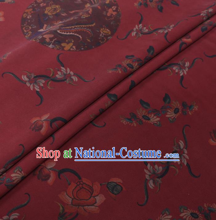 Chinese Classical Printing Phoenix Peony Pattern Design Purplish Red Gambiered Guangdong Gauze Fabric Asian Traditional Cheongsam Silk Material