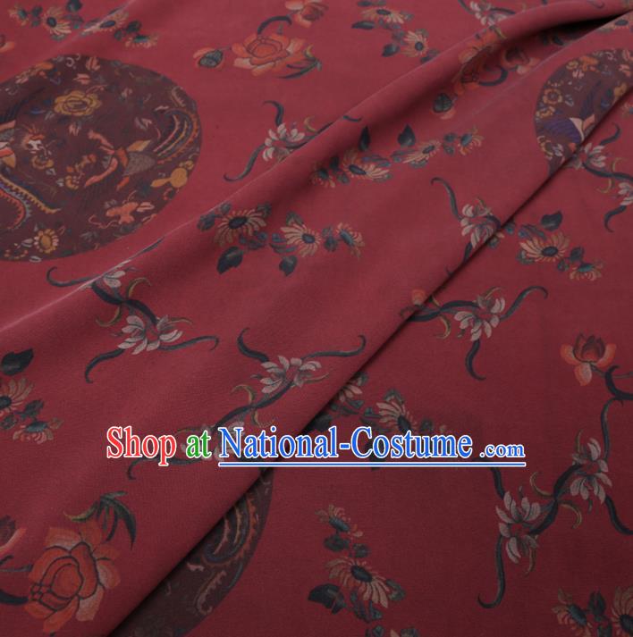 Chinese Classical Printing Phoenix Peony Pattern Design Purplish Red Gambiered Guangdong Gauze Fabric Asian Traditional Cheongsam Silk Material