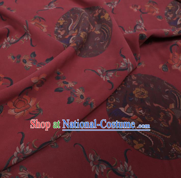 Chinese Classical Printing Phoenix Peony Pattern Design Purplish Red Gambiered Guangdong Gauze Fabric Asian Traditional Cheongsam Silk Material