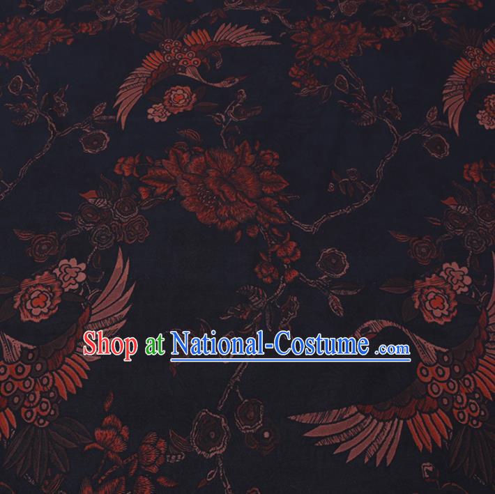 Chinese Classical Printing Crane Peony Pattern Design Black Gambiered Guangdong Gauze Fabric Asian Traditional Cheongsam Silk Material