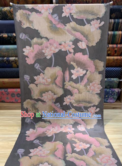 Asian Chinese Traditional Lotus Pattern Design Black Gambiered Guangdong Gauze Fabric Silk Material