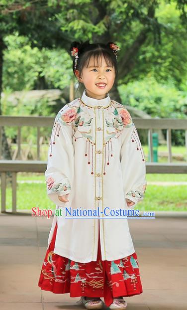 Chinese Traditional Girls Embroidered White Cape and Skirt Ancient Ming Dynasty Princess Costume for Kids