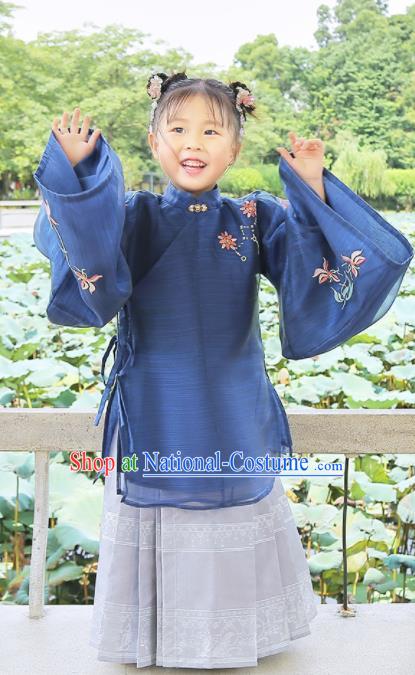 Chinese Traditional Girls Embroidered Navy Blouse and Skirt Ancient Ming Dynasty Princess Costume for Kids