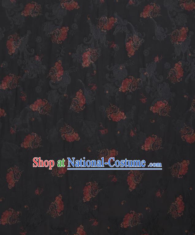 Chinese Classical Printing Peony Pattern Design Black Gambiered Guangdong Gauze Fabric Asian Traditional Cheongsam Silk Material