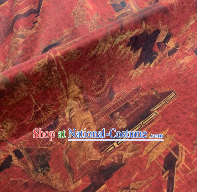 Asian Chinese Traditional Pavilions Pattern Design Red Gambiered Guangdong Gauze Fabric Silk Material