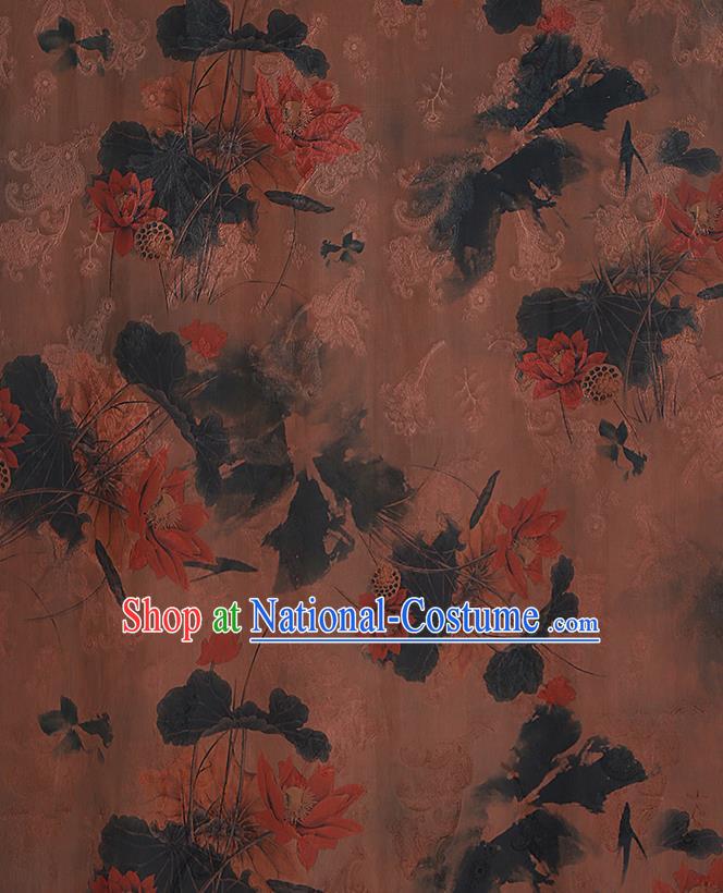 Chinese Classical Printing Lotus Pattern Design Brown Gambiered Guangdong Gauze Fabric Asian Traditional Cheongsam Silk Material