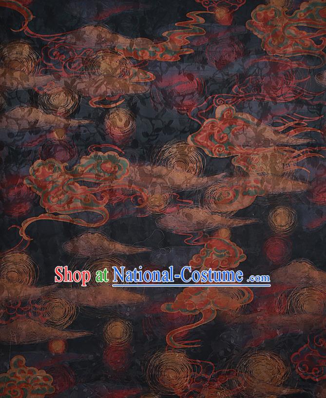 Chinese Classical Printing Cloud Pattern Design Black Gambiered Guangdong Gauze Fabric Asian Traditional Cheongsam Silk Material