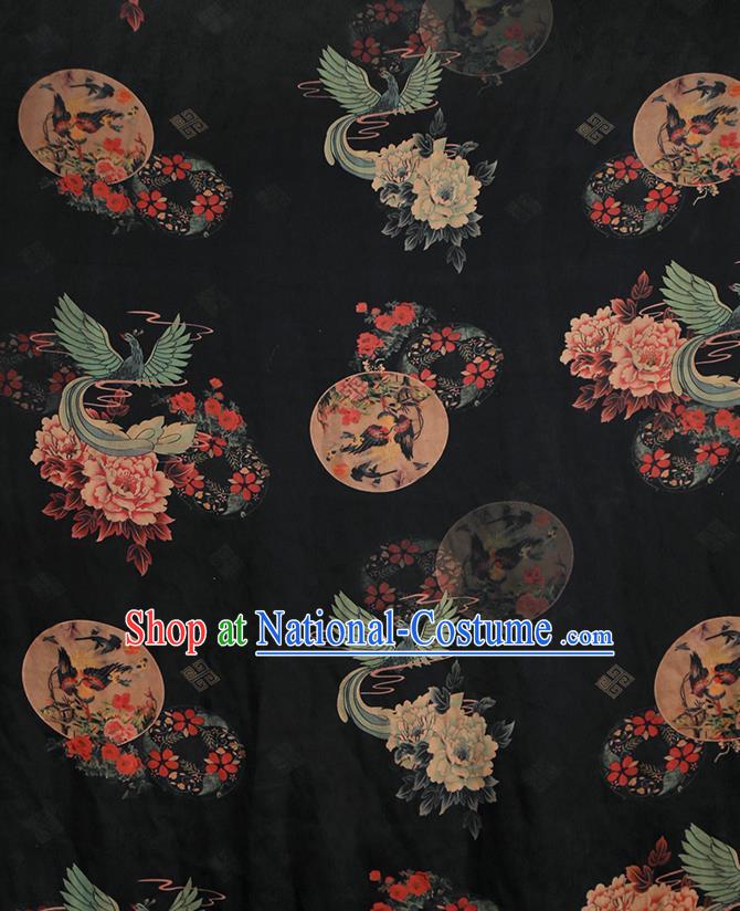 Chinese Classical Printing Phoenix Peony Pattern Design Black Gambiered Guangdong Gauze Fabric Asian Traditional Cheongsam Silk Material