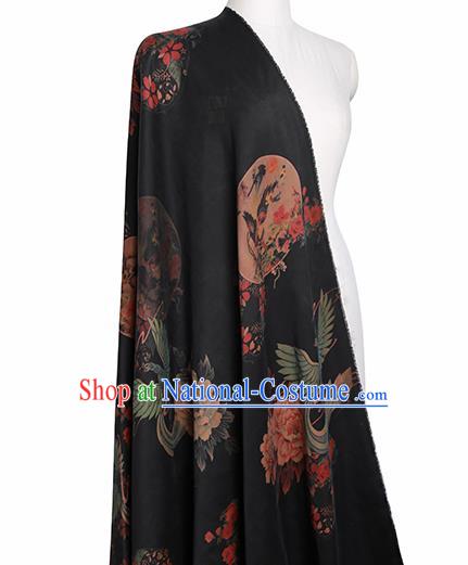 Chinese Classical Printing Phoenix Peony Pattern Design Black Gambiered Guangdong Gauze Fabric Asian Traditional Cheongsam Silk Material