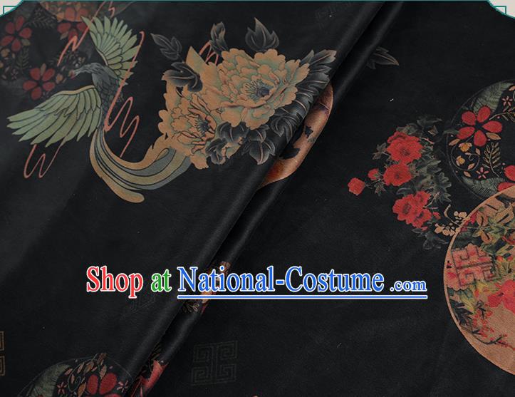 Chinese Classical Printing Phoenix Peony Pattern Design Black Gambiered Guangdong Gauze Fabric Asian Traditional Cheongsam Silk Material