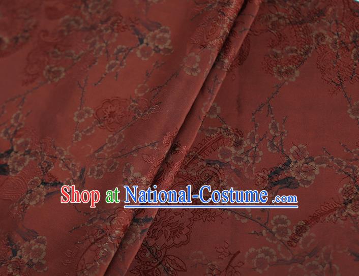 Chinese Classical Printing Plum Blossom Pattern Design Rust Red Gambiered Guangdong Gauze Fabric Asian Traditional Cheongsam Silk Material