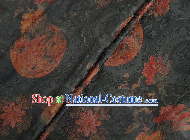 Chinese Classical Printing Peony Pattern Design Atrovirens Gambiered Guangdong Gauze Fabric Asian Traditional Cheongsam Silk Material