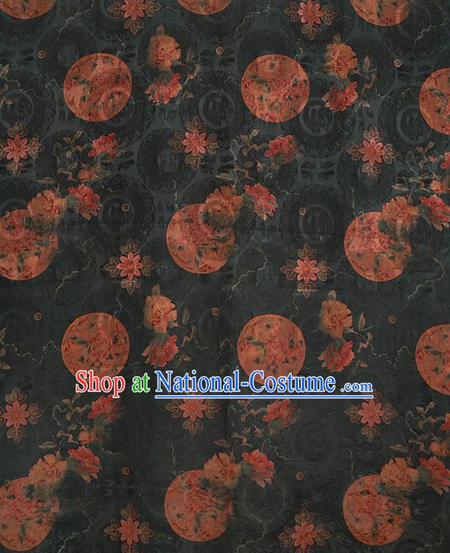 Chinese Classical Printing Peony Pattern Design Atrovirens Gambiered Guangdong Gauze Fabric Asian Traditional Cheongsam Silk Material