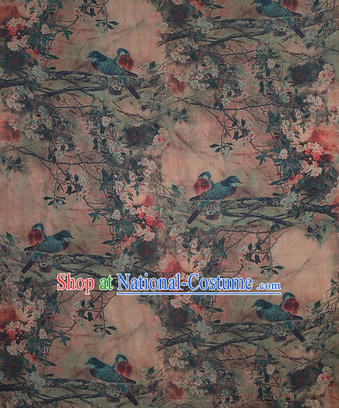 Chinese Classical Printing Begonia Bird Pattern Design Khaki Gambiered Guangdong Gauze Fabric Asian Traditional Cheongsam Silk Material