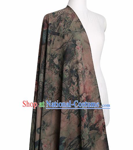 Chinese Classical Printing Begonia Bird Pattern Design Khaki Gambiered Guangdong Gauze Fabric Asian Traditional Cheongsam Silk Material