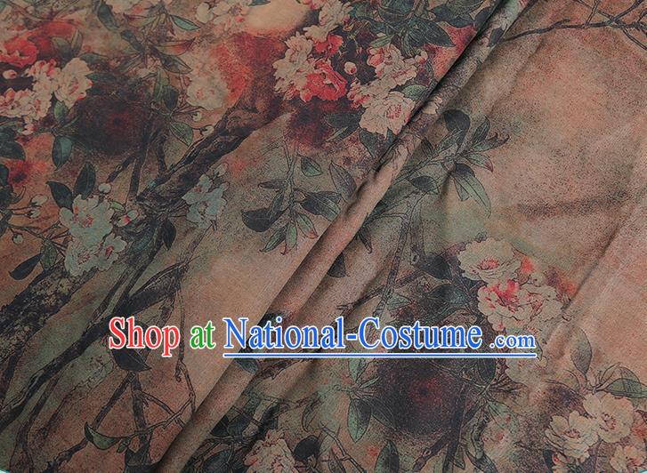 Chinese Classical Printing Begonia Bird Pattern Design Khaki Gambiered Guangdong Gauze Fabric Asian Traditional Cheongsam Silk Material