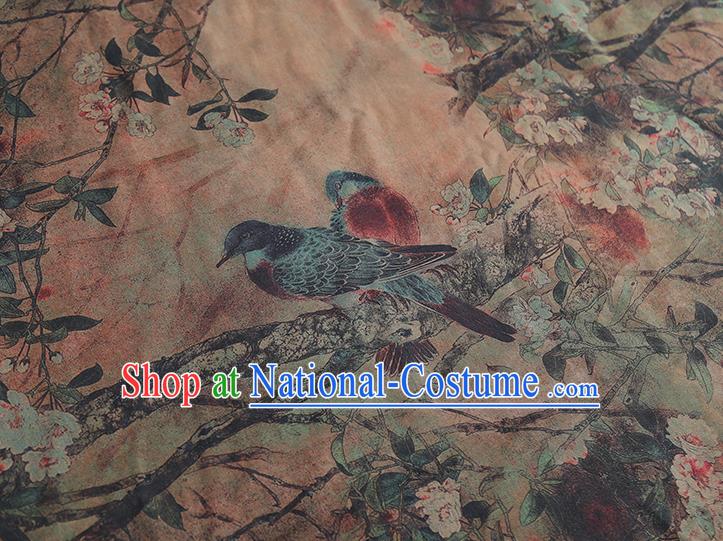 Chinese Classical Printing Begonia Bird Pattern Design Khaki Gambiered Guangdong Gauze Fabric Asian Traditional Cheongsam Silk Material