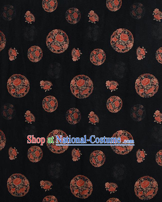 Chinese Classical Printing Round Peony Pattern Design Black Gambiered Guangdong Gauze Fabric Asian Traditional Cheongsam Silk Material