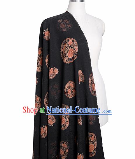 Chinese Classical Printing Round Peony Pattern Design Black Gambiered Guangdong Gauze Fabric Asian Traditional Cheongsam Silk Material