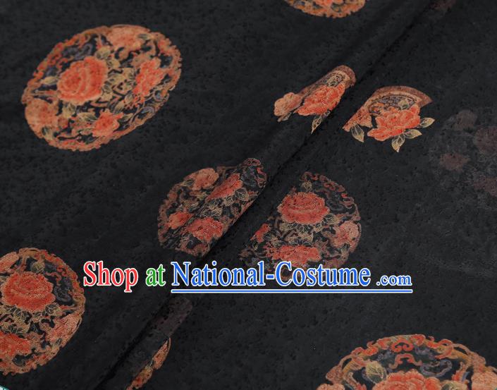 Chinese Classical Printing Round Peony Pattern Design Black Gambiered Guangdong Gauze Fabric Asian Traditional Cheongsam Silk Material