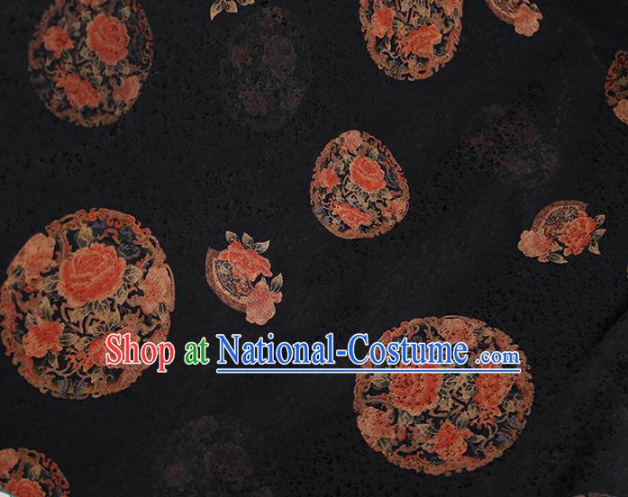 Chinese Classical Printing Round Peony Pattern Design Black Gambiered Guangdong Gauze Fabric Asian Traditional Cheongsam Silk Material