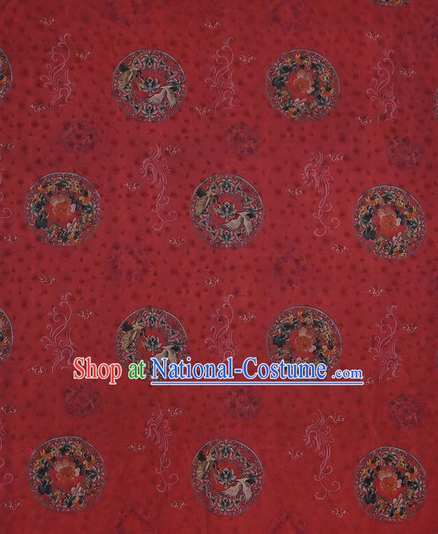 Chinese Classical Printing Crane Peony Pattern Design Red Gambiered Guangdong Gauze Fabric Asian Traditional Cheongsam Silk Material