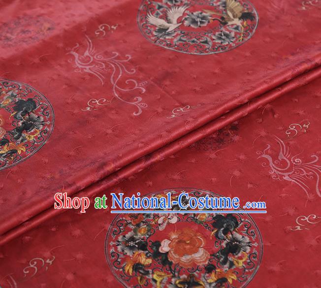 Chinese Classical Printing Crane Peony Pattern Design Red Gambiered Guangdong Gauze Fabric Asian Traditional Cheongsam Silk Material