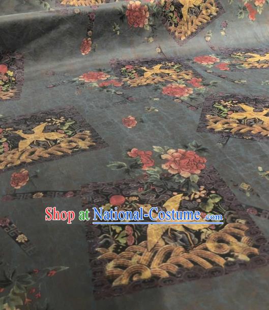 Asian Chinese Traditional Crane Peony Pattern Design Black Gambiered Guangdong Gauze Fabric Silk Material