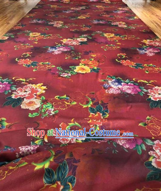 Asian Chinese Traditional Peony Pattern Design Red Gambiered Guangdong Gauze Fabric Silk Material