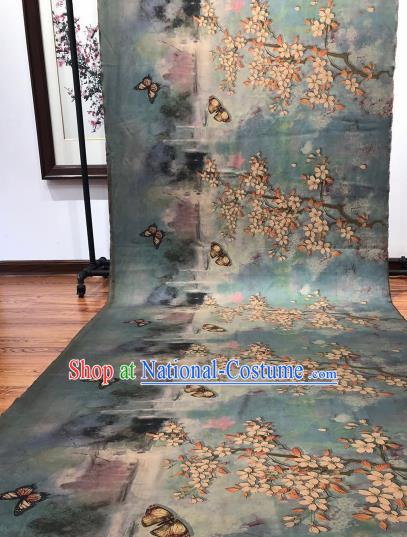 Asian Chinese Traditional Pear Flowers Pattern Design Blue Gambiered Guangdong Gauze Fabric Silk Material