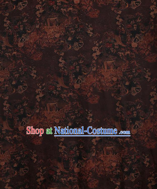 Chinese Classical Jacquard Plum Pattern Design Deep Brown Gambiered Guangdong Gauze Fabric Asian Traditional Cheongsam Silk Material