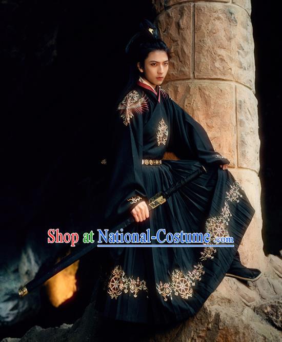 Chinese Ancient Swordsman Black Hanfu Clothing Traditional Ming Dynasty Imperial Guards Embroidered Costumes for Men