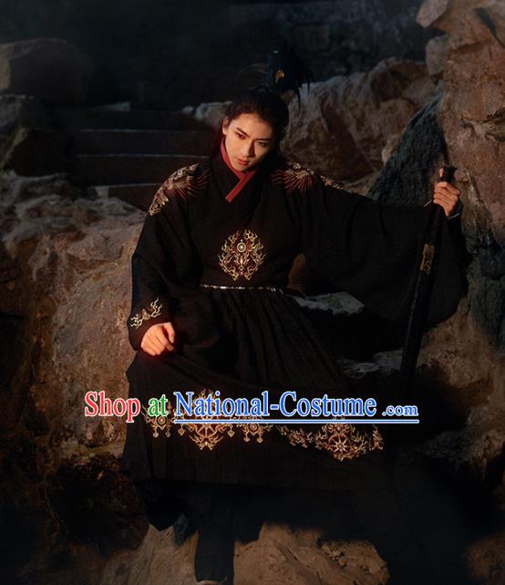 Chinese Ancient Swordsman Black Hanfu Clothing Traditional Ming Dynasty Imperial Guards Embroidered Costumes for Men