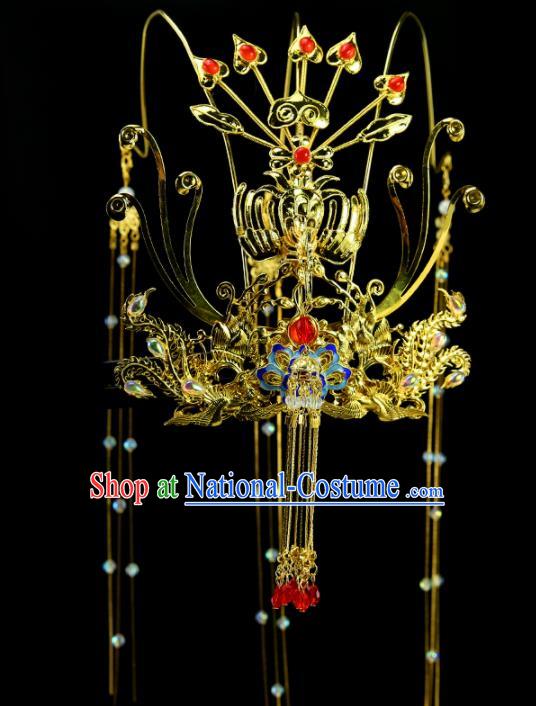 Chinese Classical Wedding Golden Phoenix Coronet Hair Accessories Ancient Bride Hairpins for Women