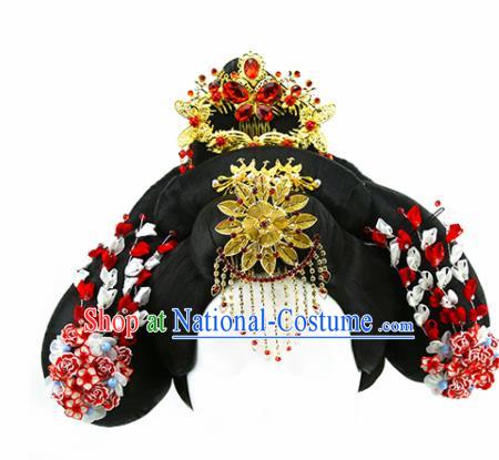 Chinese Ancient Princess Golden Hair Comb and Wigs Hair Accessories Drama Imperial Concubine Chignon for Women