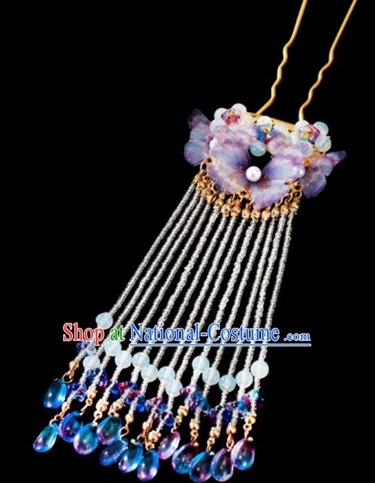 Chinese Classical Dance Hair Accessories Ancient Princess Purple Butterfly Tassel Hairpins for Women