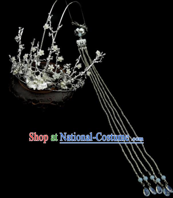 Chinese Ancient Princess Argent Tassel Hair Crown Traditional Classical Dance Hair Accessories for Women