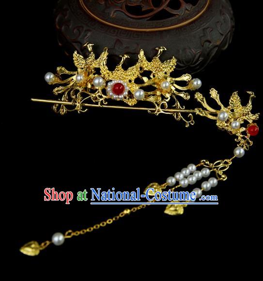 Chinese Ancient Princess Golden Phoenix Hair Crown and Hairpins Traditional Classical Dance Hair Accessories for Women