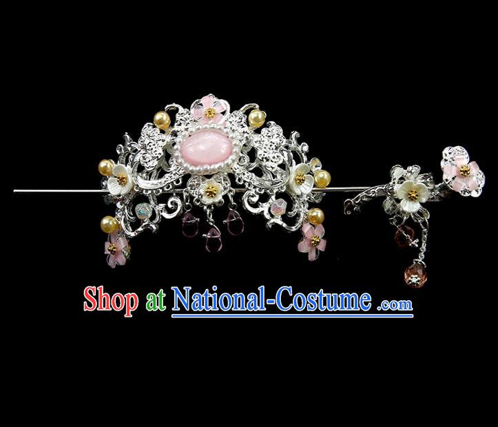 Chinese Ancient Princess Argent Hair Crown and Flower Hairpins Traditional Classical Dance Hair Accessories for Women