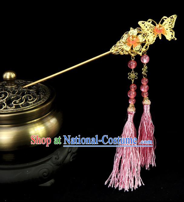 Chinese Ancient Princess Pink Tassel Butterfly Hairpins Traditional Classical Dance Hair Accessories for Women