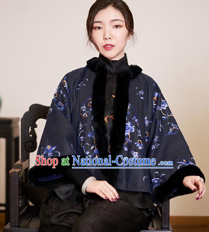 Top Grade Traditional Chinese Embroidered Black Cotton Wadded Jacket Silk Qipao Upper Outer Garment for Women