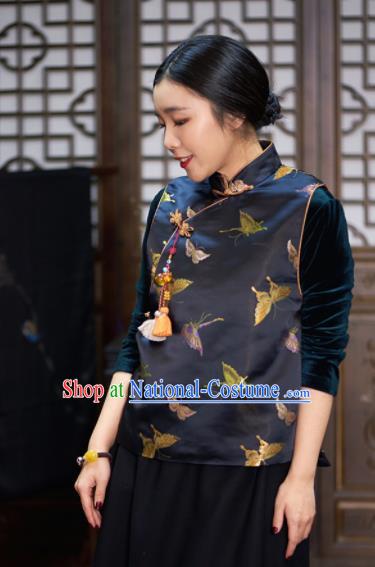 Top Grade Traditional Chinese Embroidered Black Brocade Vest Tang Suit Silk Upper Outer Garment for Women