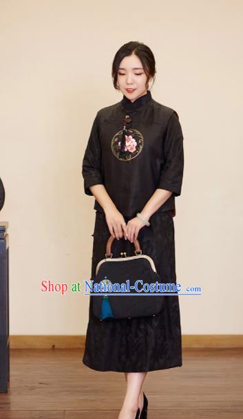 Top Grade Traditional Chinese Embroidered Black Vest Tang Suit Upper Outer Garment for Women