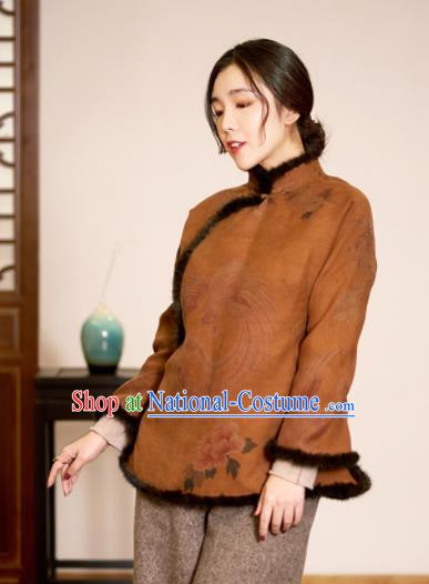 Top Grade Traditional Chinese Ginger Cotton Wadded Jacket Tang Suit Silk Upper Outer Garment for Women