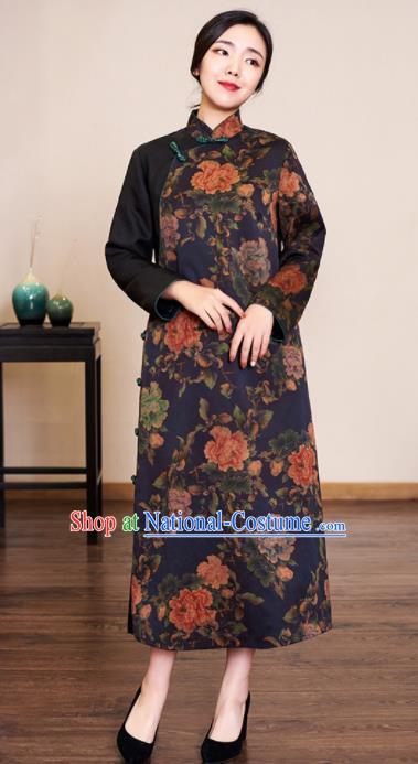 Traditional Chinese Graceful Printing Peony Navy Cheongsam Silk Qipao Dress for Women