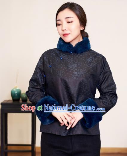 Top Grade Traditional Chinese Printing Black Wadded Jacket Tang Suit Silk Upper Outer Garment for Women