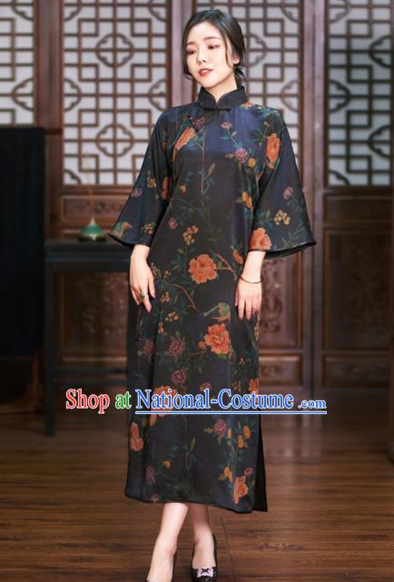 Traditional Chinese Graceful Black Cheongsam Tang Suit Silk Qipao Dress for Women